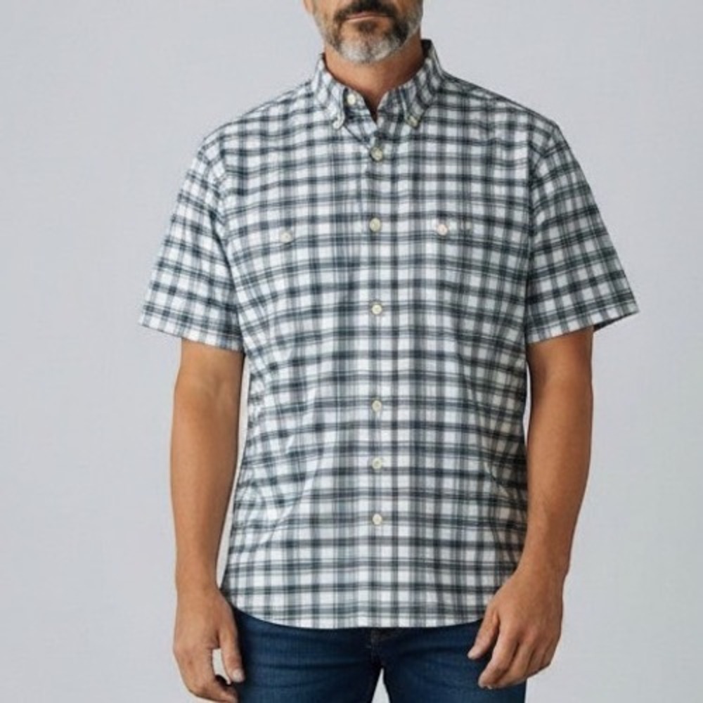 Orvis Button Down Shirt Mens XXL Blue Green Plaid Short Sleeve Wrinkle Free SS24